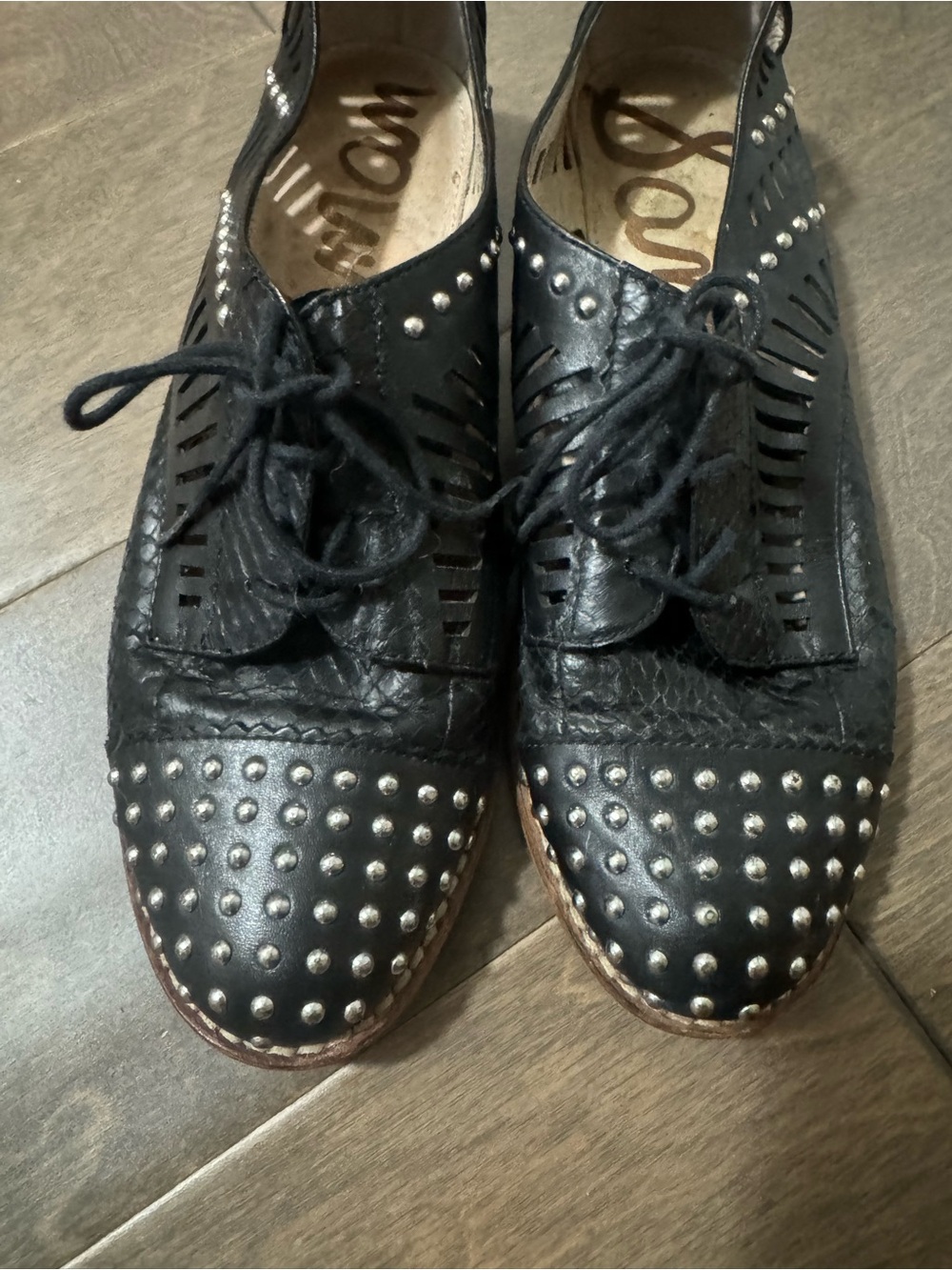Sam Edelman Black Studded Lace-Up Leather Oxfords - Picture 3 of 7